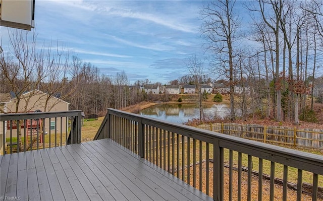 deck featuring a water view