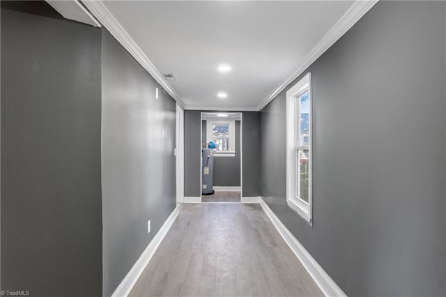 hallway featuring ornamental molding, hardwood / wood-style floors, and electric water heater