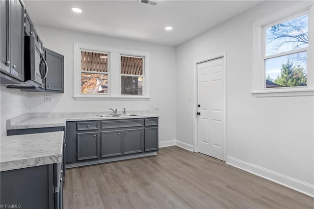 kitchen with sink, gray cabinets, and hardwood / wood-style floors