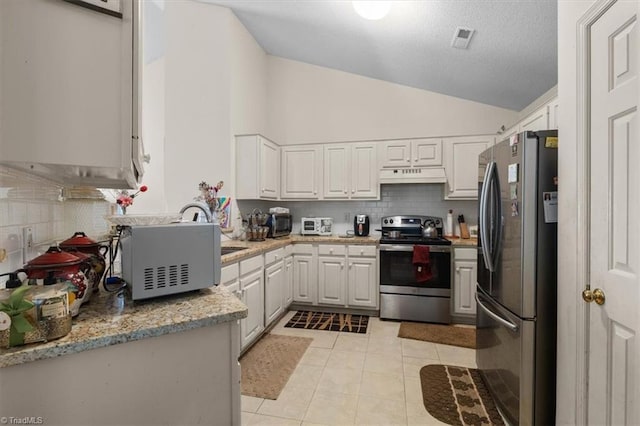 kitchen featuring under cabinet range hood, appliances with stainless steel finishes, lofted ceiling, and decorative backsplash