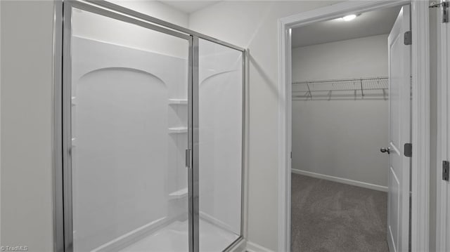 bathroom with a shower with shower door