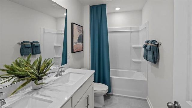 full bathroom with shower / tub combo, vanity, and toilet