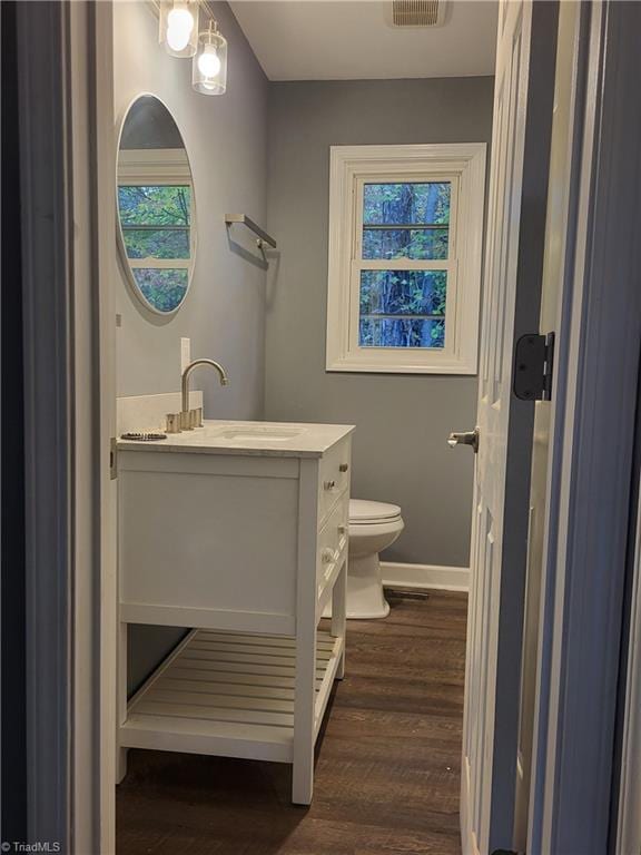 bathroom featuring hardwood / wood-style floors, vanity, and toilet