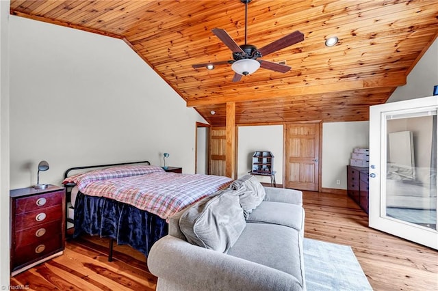 bedroom with wood finished floors, baseboards, wood ceiling, and lofted ceiling