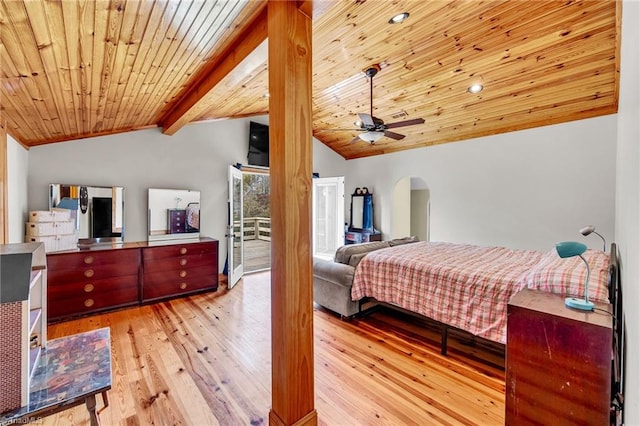 bedroom featuring arched walkways, wood finished floors, wooden ceiling, lofted ceiling, and access to outside
