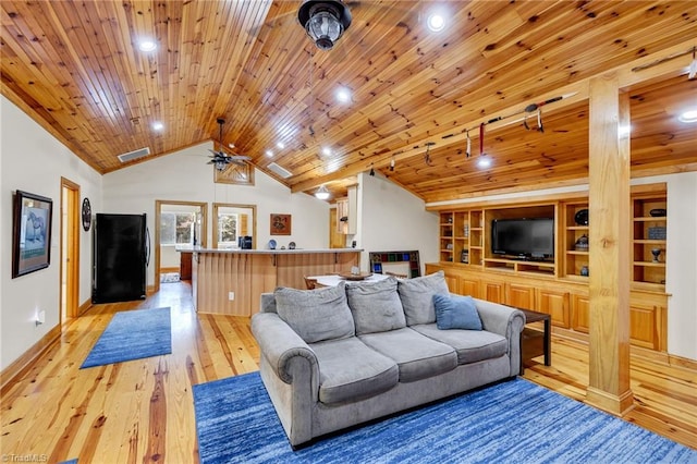 living room with visible vents, wood ceiling, vaulted ceiling, and light wood-style floors