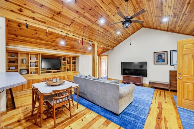 living room with a ceiling fan, wooden ceiling, lofted ceiling, and light wood-type flooring