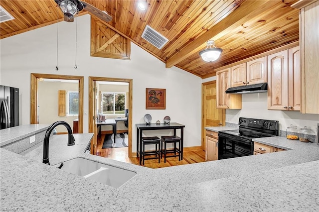 kitchen featuring light brown cabinets, wooden ceiling, under cabinet range hood, visible vents, and black appliances