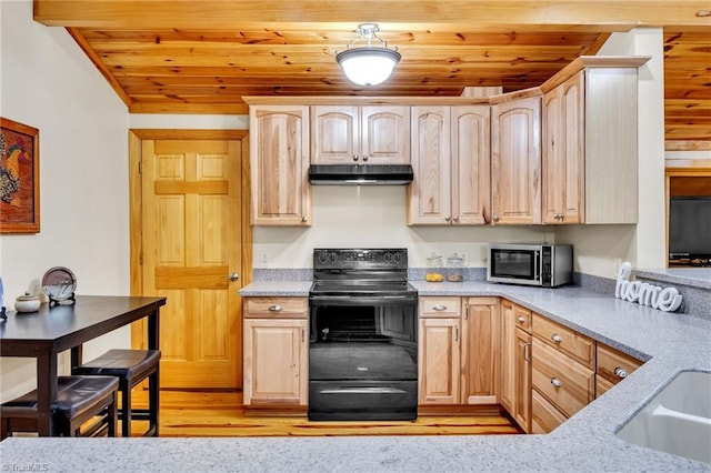kitchen with wood ceiling, stainless steel microwave, under cabinet range hood, and black electric range