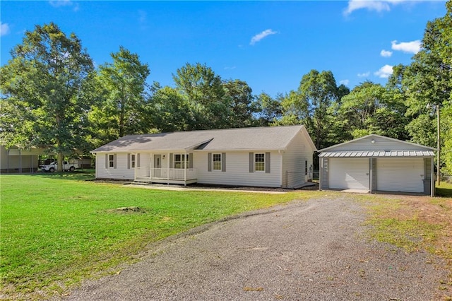 2282 Valewood Dr, Asheboro, NC 27205 - ranch-style home with a detached garage, a front lawn, and a deck