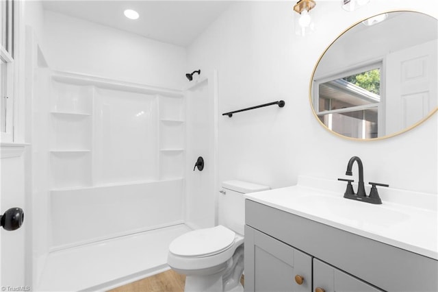 2282 Valewood Dr, Asheboro, NC 27205 - full bath featuring vanity, a shower, wood finished floors, and recessed lighting