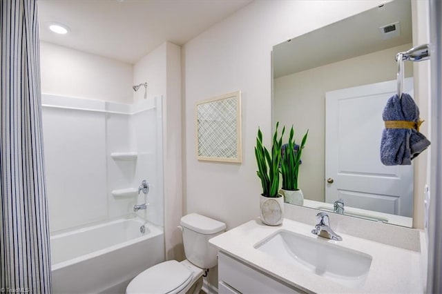 full bathroom with toilet, shower / bath combo with shower curtain, and vanity