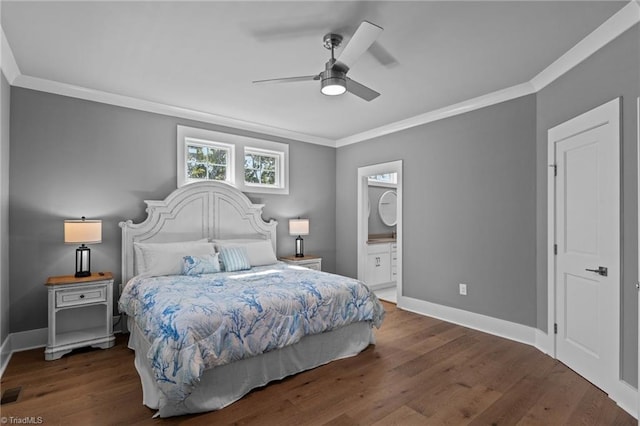 bedroom with ceiling fan, crown molding, hardwood / wood-style flooring, and connected bathroom