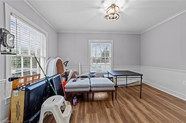 bedroom featuring multiple windows, wood-type flooring, and ornamental molding