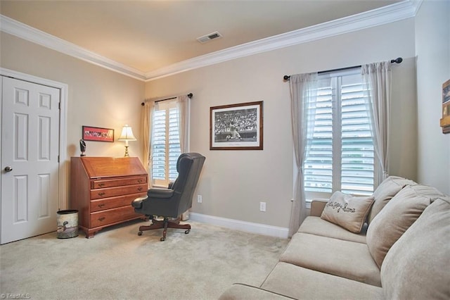 office space featuring visible vents, carpet floors, baseboards, and ornamental molding