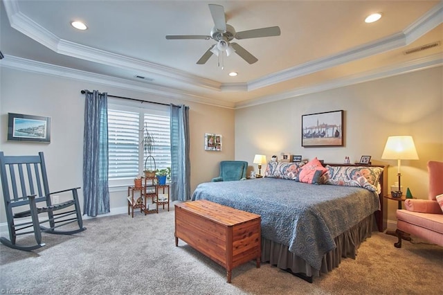 bedroom with visible vents, baseboards, carpet, recessed lighting, and a raised ceiling