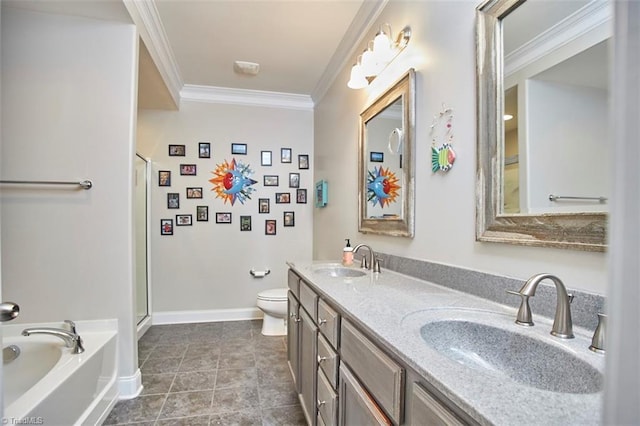 bathroom with a sink, an enclosed shower, toilet, and ornamental molding