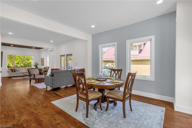 225 Main St E, Pilot Mountain, NC 27041 - dining room with dark wood-style flooring, baseboards, and recessed lighting