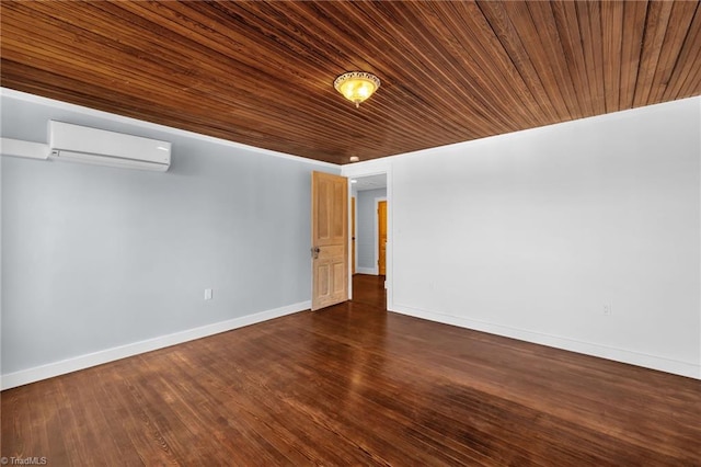 225 Main St E, Pilot Mountain, NC 27041 - empty room featuring an AC wall unit, baseboards, wooden ceiling, and dark wood finished floors