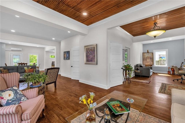 225 Main St E, Pilot Mountain, NC 27041 - living room featuring wood ceiling, healthy amount of natural light, recessed lighting, wood finished floors, and baseboards
