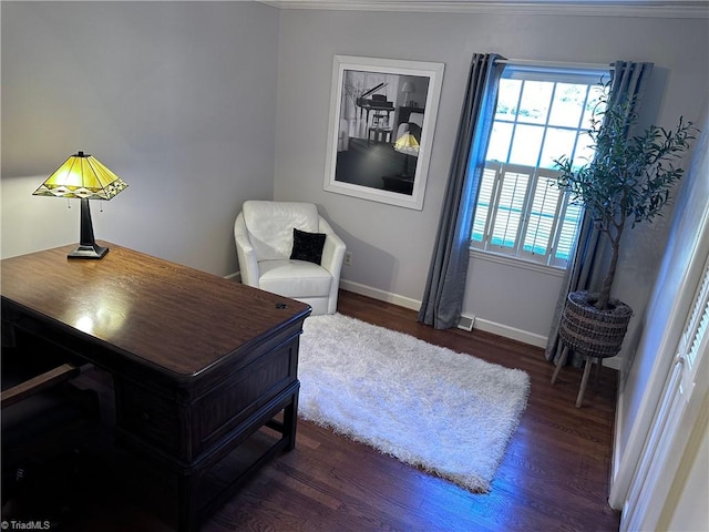 home office with dark hardwood / wood-style flooring