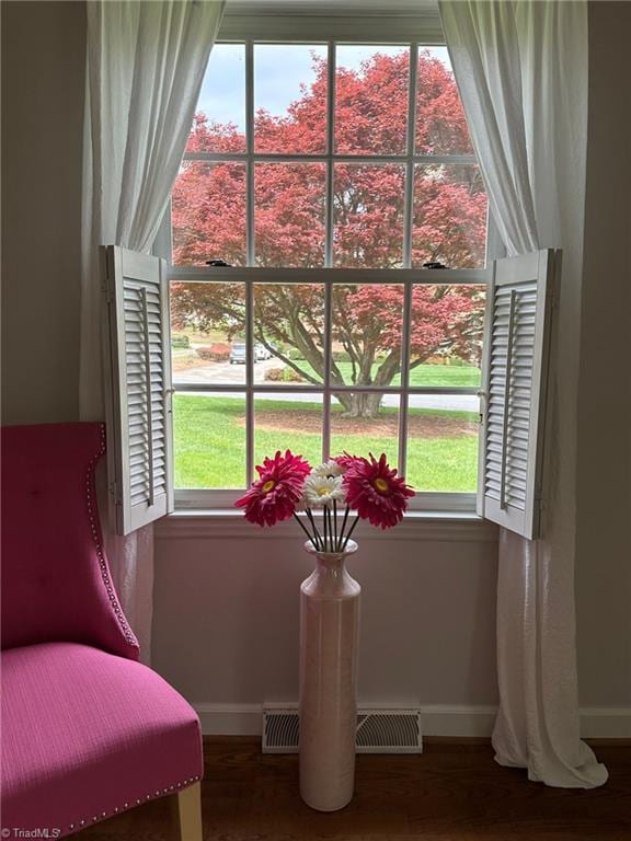 sitting room with hardwood / wood-style floors and plenty of natural light