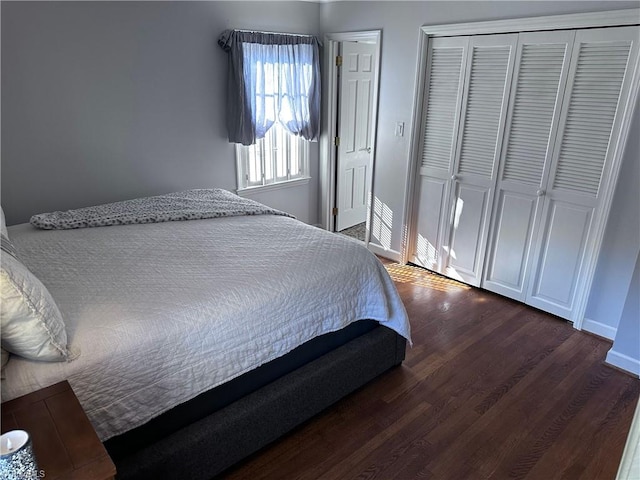 bedroom featuring dark hardwood / wood-style flooring and a closet