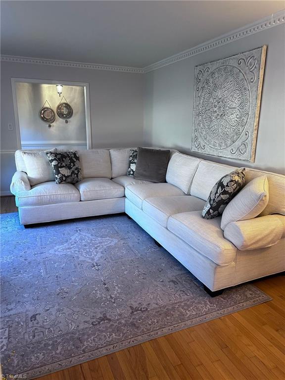 living room with wood-type flooring and crown molding