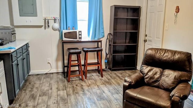 sitting room with electric panel and light wood-type flooring