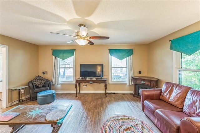 living room featuring healthy amount of natural light, wood finished floors, and baseboards