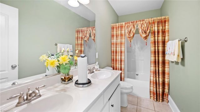 full bathroom with shower / tub combo, tile patterned flooring, double vanity, and a sink