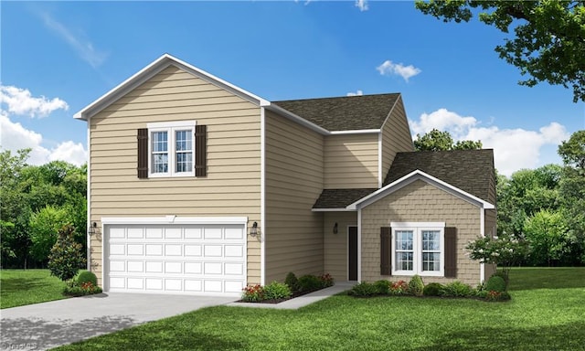 traditional home featuring an attached garage, a shingled roof, a front lawn, and concrete driveway