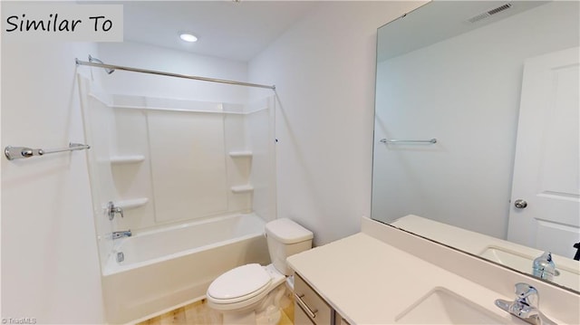 full bath with visible vents, tub / shower combination, vanity, and toilet