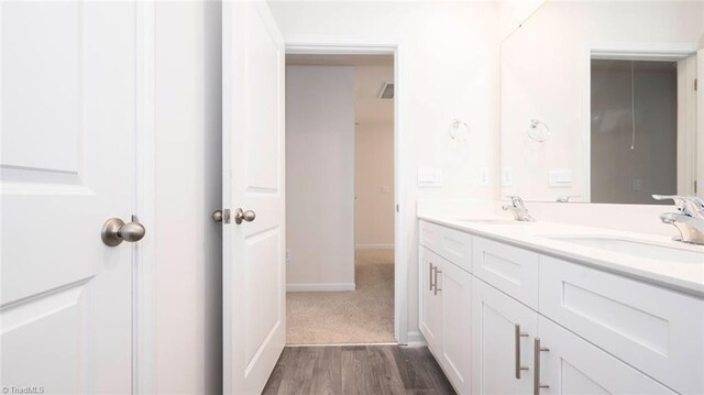 bathroom with hardwood / wood-style floors and vanity