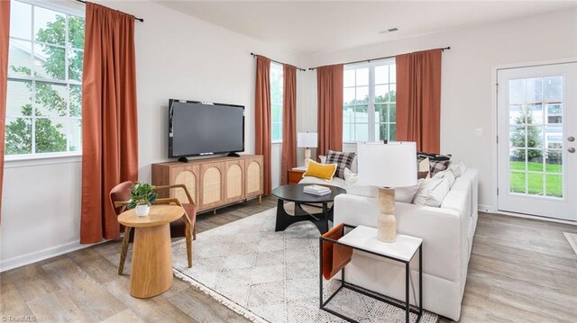 living room featuring light hardwood / wood-style flooring and plenty of natural light