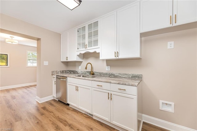 4353 Valley View Rd, Thomasville, NC 27370 - kitchen featuring a sink, dishwasher, baseboards, light wood-style floors, and white cabinets