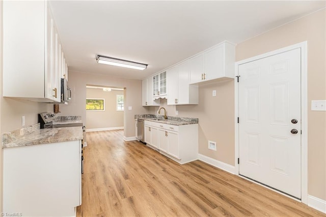 4353 Valley View Rd, Thomasville, NC 27370 - kitchen featuring appliances with stainless steel finishes, white cabinets, light wood-style flooring, baseboards, and a sink