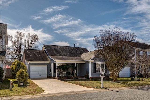 ranch-style house featuring a garage and a front yard