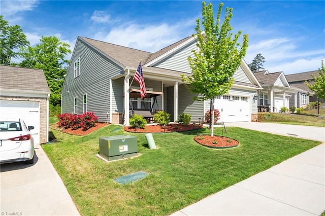 view of front of home with a garage, a porch, and a front lawn