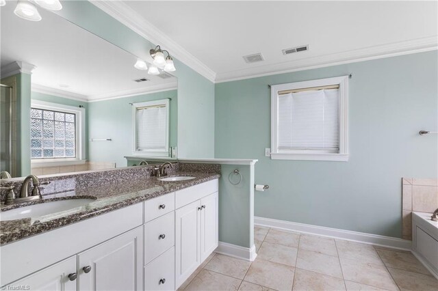 5119 Spiral Wood Dr, Clemmons, NC 27012 - bathroom with double vanity, ornamental molding, a bath, and an enclosed shower