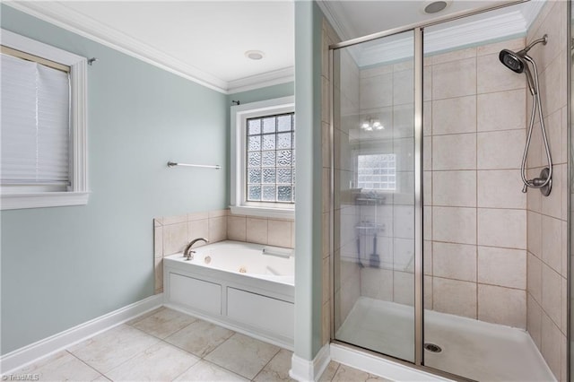 5119 Spiral Wood Dr, Clemmons, NC 27012 - full bath with a jetted tub, a shower stall, crown molding, and tile patterned flooring