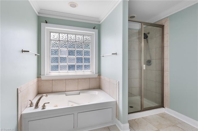 5119 Spiral Wood Dr, Clemmons, NC 27012 - full bath with a shower stall, a jetted tub, crown molding, and tile patterned flooring