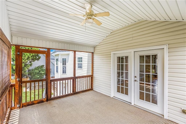 5119 Spiral Wood Dr, Clemmons, NC 27012 - unfurnished sunroom featuring vaulted ceiling, ceiling fan, and french doors