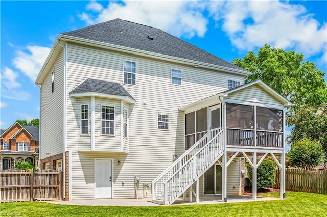 5119 Spiral Wood Dr, Clemmons, NC 27012 - back of property with a sunroom, a patio area, stairs, and roof with shingles