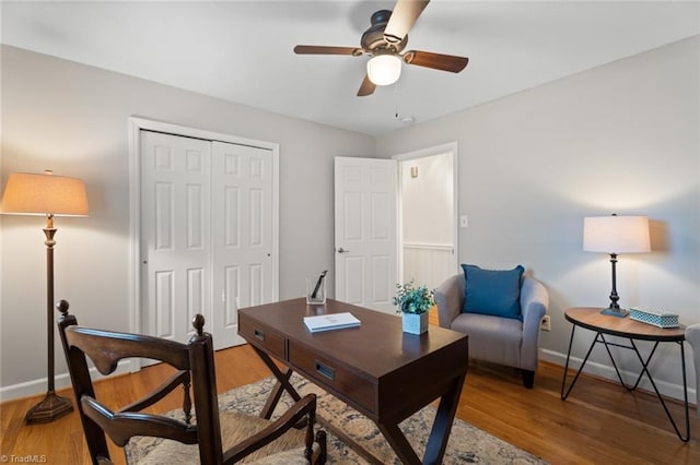 office area featuring ceiling fan and light hardwood / wood-style flooring