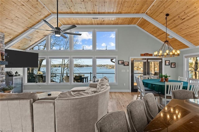 living room with ceiling fan with notable chandelier, light hardwood / wood-style flooring, wood ceiling, and a water view