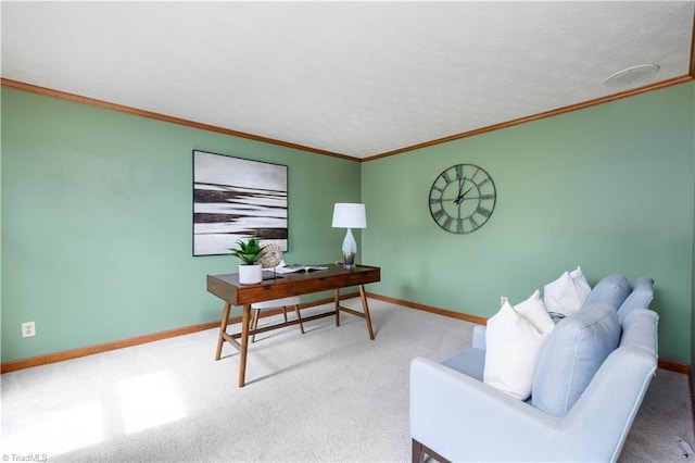 carpeted office with baseboards and crown molding