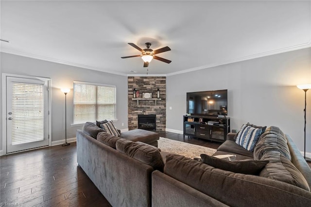 living room with ceiling fan, a fireplace, ornamental molding, and dark wood-type flooring