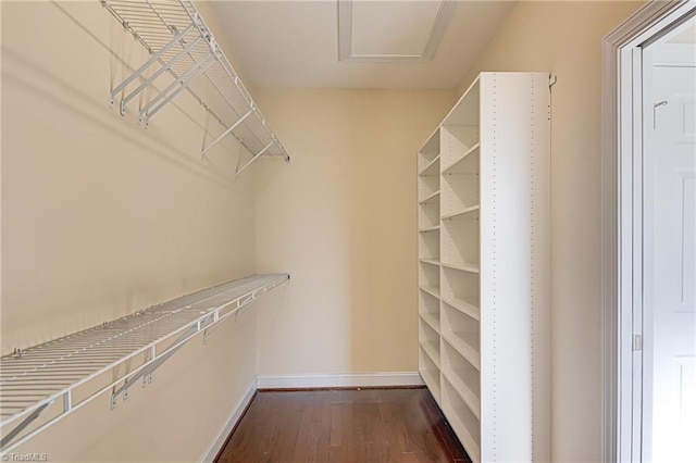 spacious closet with dark wood finished floors and attic access