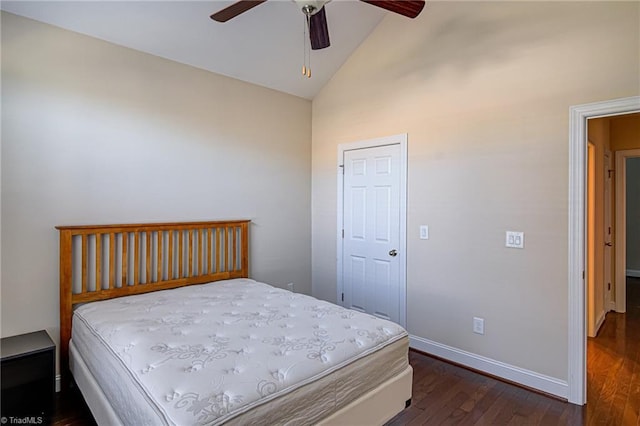 bedroom featuring high vaulted ceiling, a ceiling fan, baseboards, and dark wood-type flooring